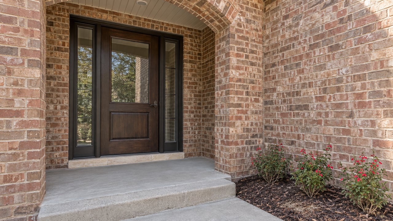 Brick arched entry with a dark oak door, paired glass sidelights, worn concrete landing and red-flowering salvia.