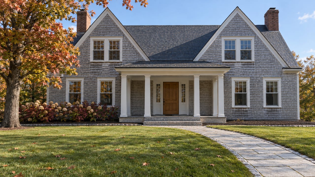 Weathered cedar-shingle home with steep gables, a covered porch, broad autumn lawn, and a russet-leaved red oak.