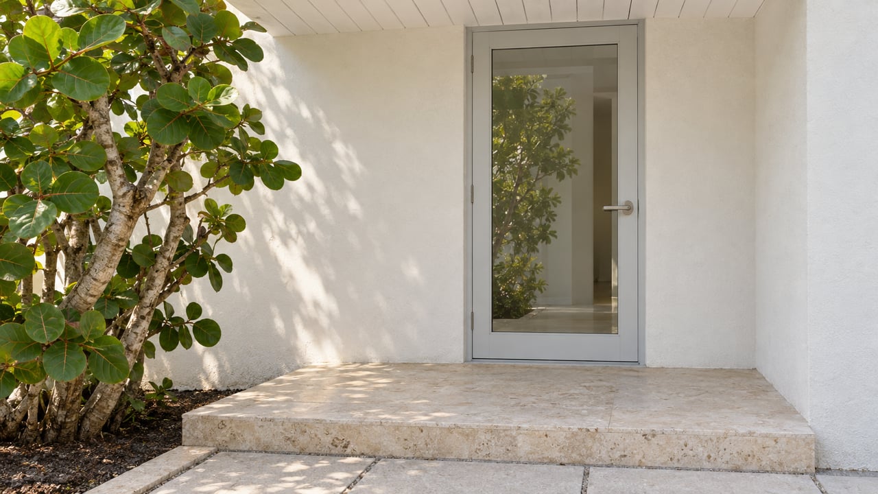 Covered white-stucco home entry with a glazed door, pale stone steps and a branching sea grape tree.