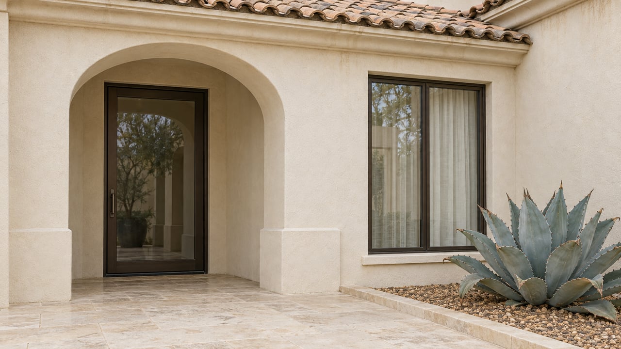 Shaded stucco villa entry with a clay tile roof, bronze-framed glass door, limestone paving and a blue-gray agave.
