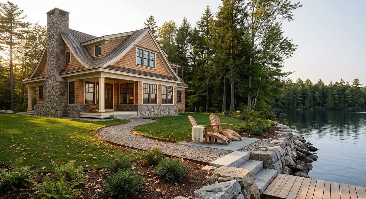 Lakeside lodge beside a curated shoreline, with a dock and path in golden-hour light.
