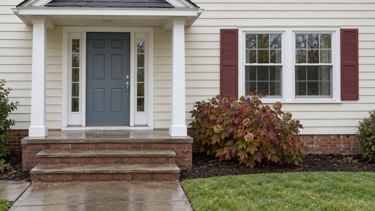 Cream-sided suburban home entry with a blue-gray door, red brick steps, paired sash windows and autumn oakleaf hydrangea.