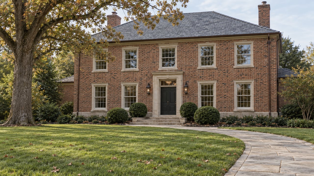 Traditional brick estate with limestone entrance, slate roof, mature white oak and a deep front lawn in soft afternoon light.