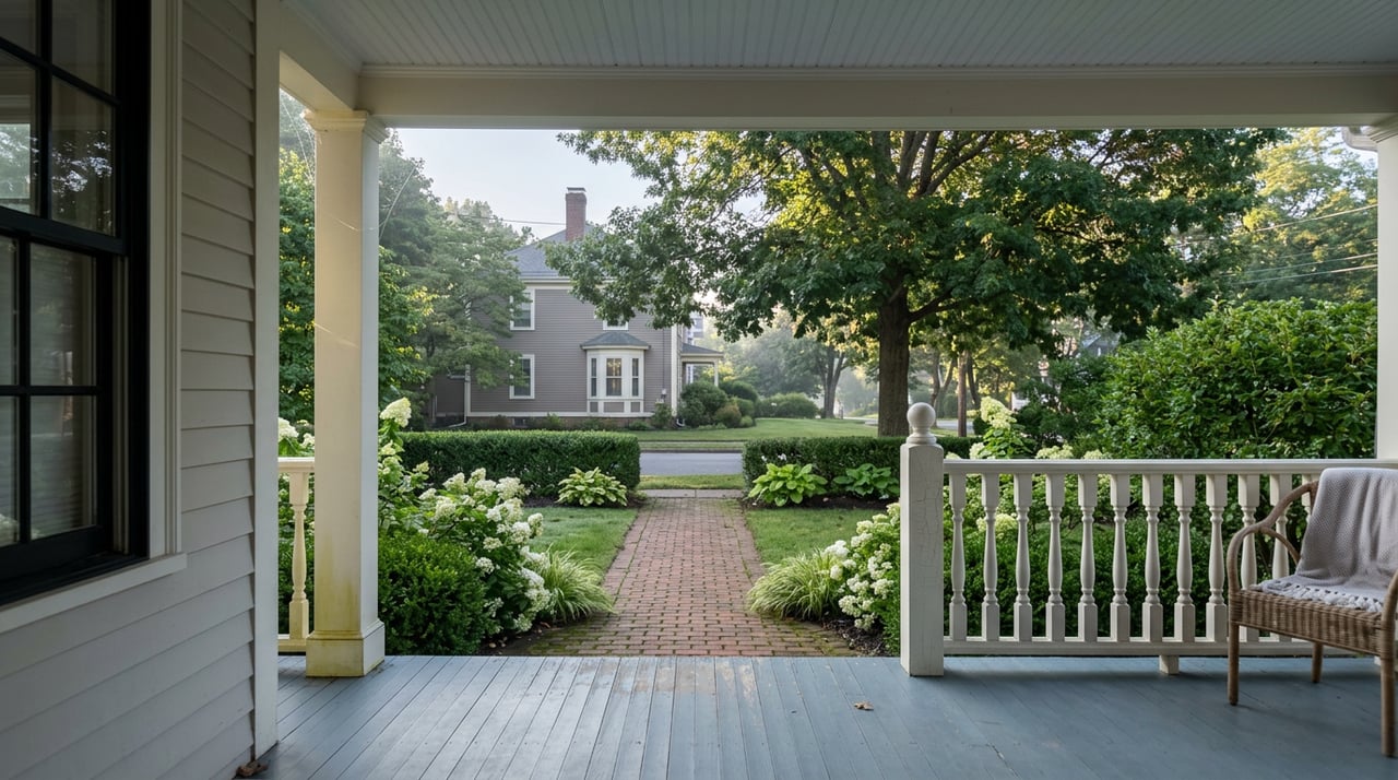 Porch threshold overlooking a brick walk, clipped hedge, lawn, and a neighboring clapboard house beneath an oak canopy.