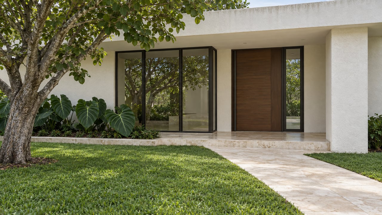 White-stucco home with a sheltered timber entrance, dark-framed glazing and limestone approach beside a broad lawn and sculptural tree.