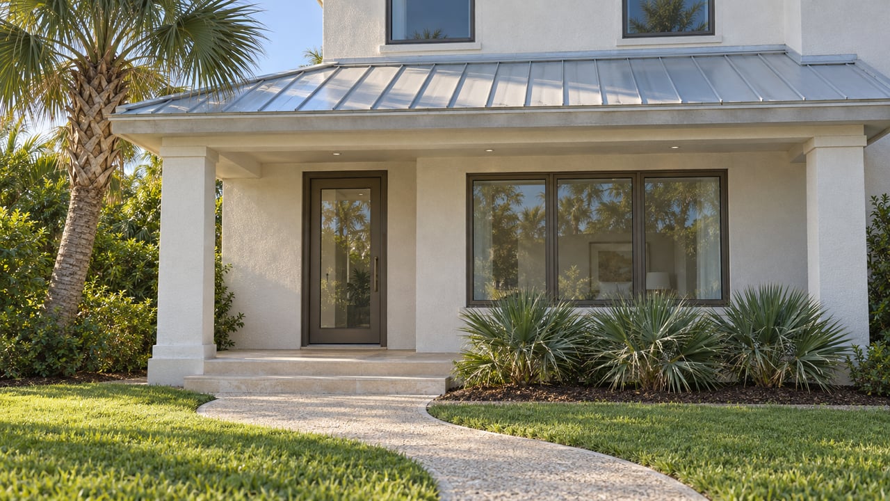 White stucco home with a pale metal porch roof, bronze-framed entry and windows, shell-aggregate walkway, and sculptural palms beside a green front lawn.