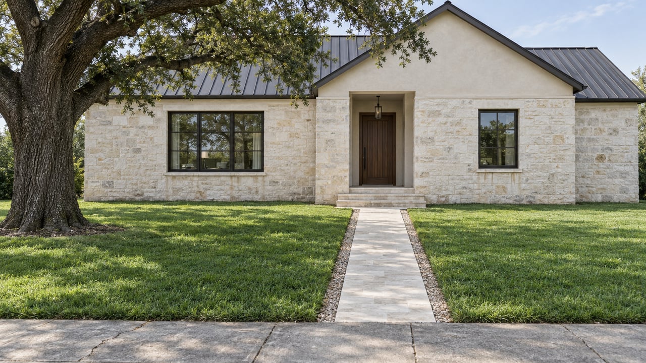 Traditional limestone house with a charcoal gabled roof, deep lawn, narrow walkway, and mature oak.