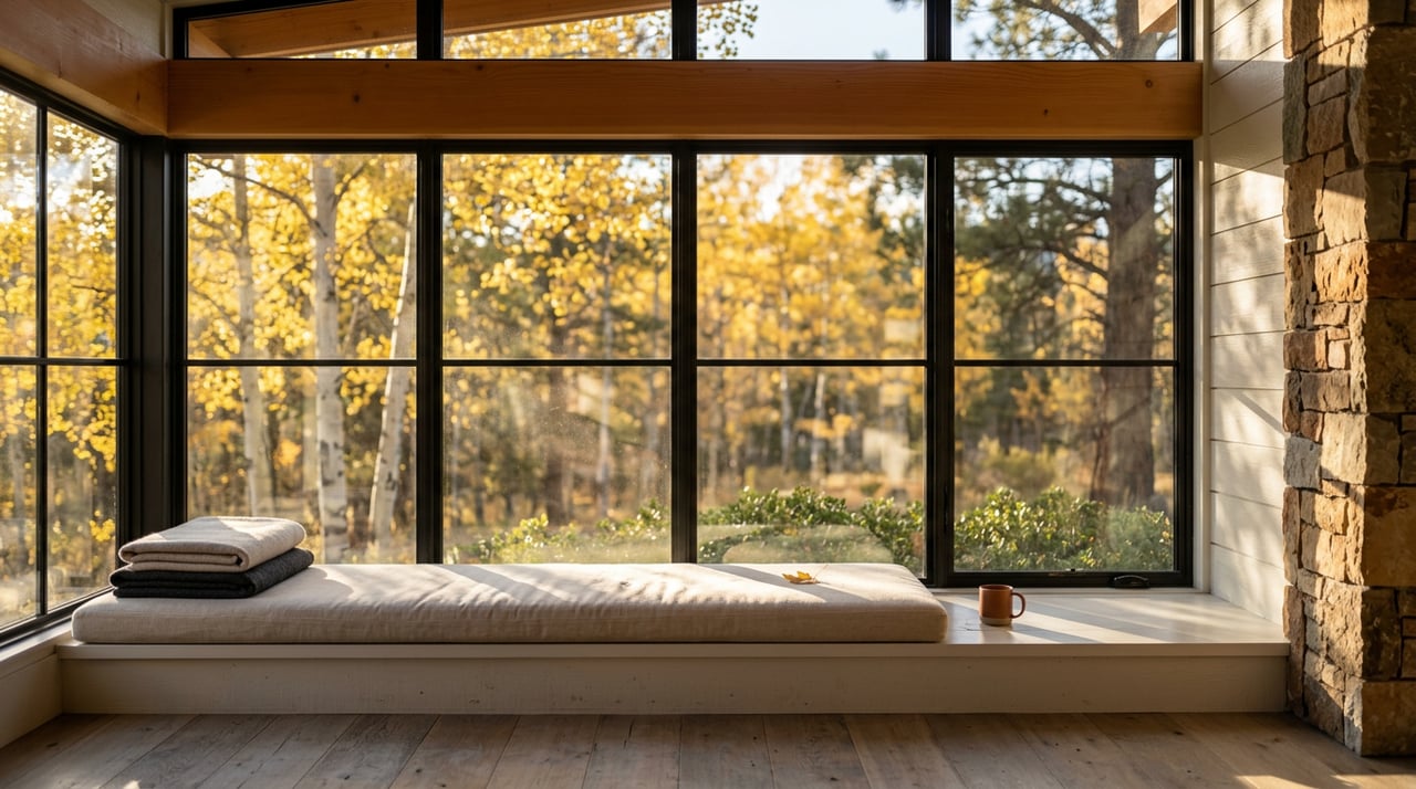 Window seat faces golden aspen canopy through glass, beside folded throws and a ceramic mug.