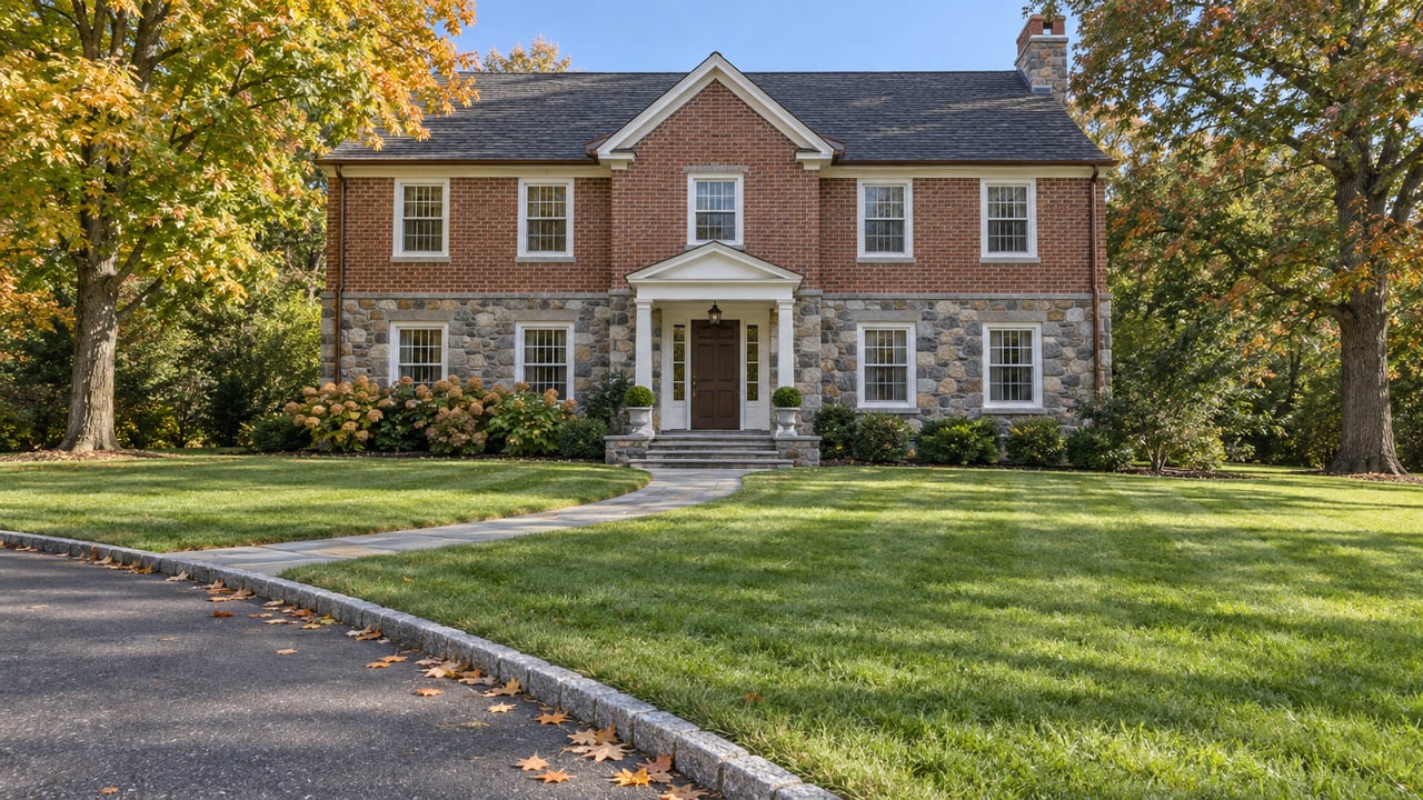 Brick-and-stone detached home with a curved driveway, deep front lawn, and mature trees beginning to turn in autumn.
