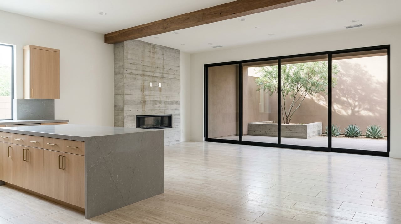 Great room with oak island, concrete fireplace, and glass doors overlooking a desert willow.
