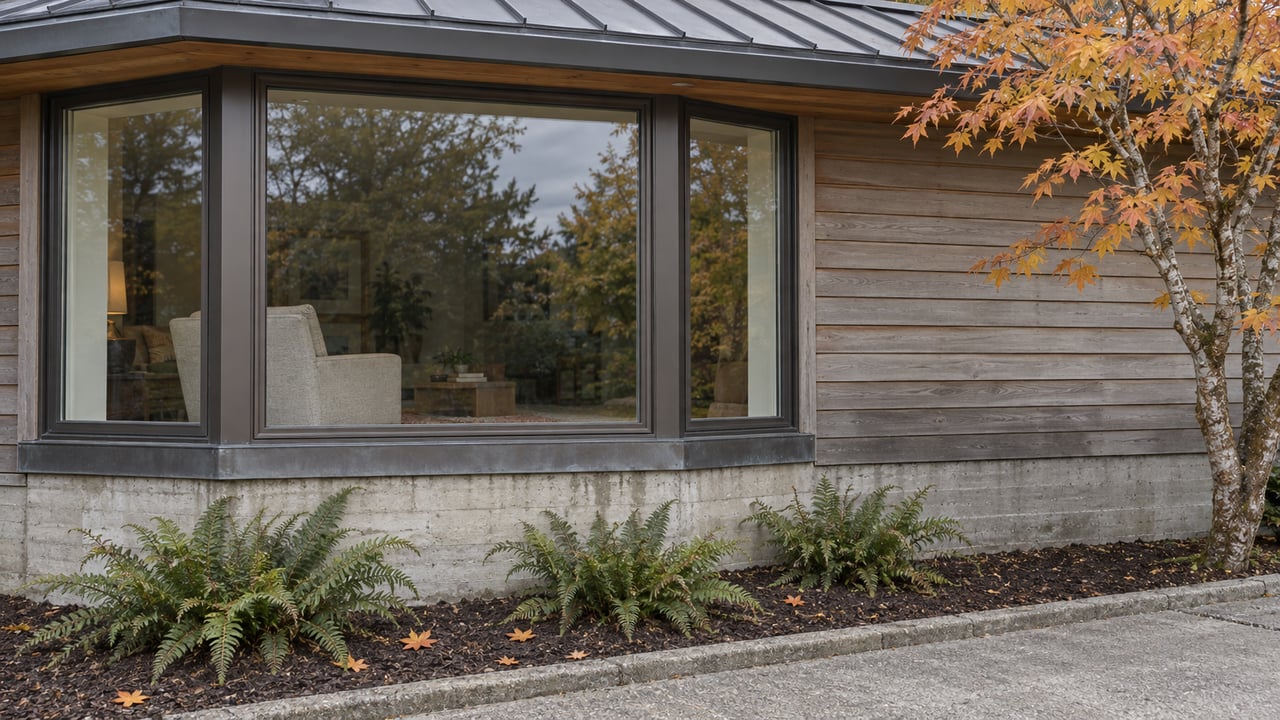 An updated low-roof home's dark-framed living-room windows, weathered cedar siding and autumn vine maple beside a concrete garden path.