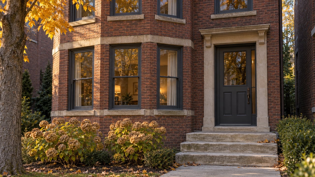 Compact red-brown brick house with a projecting bay, recessed entry, limestone steps, and amber leaves.