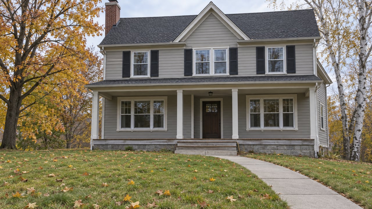 Gray two-story home with black shutters, a brick chimney, and a covered porch beyond an autumn lawn with maple and paper birch trees.