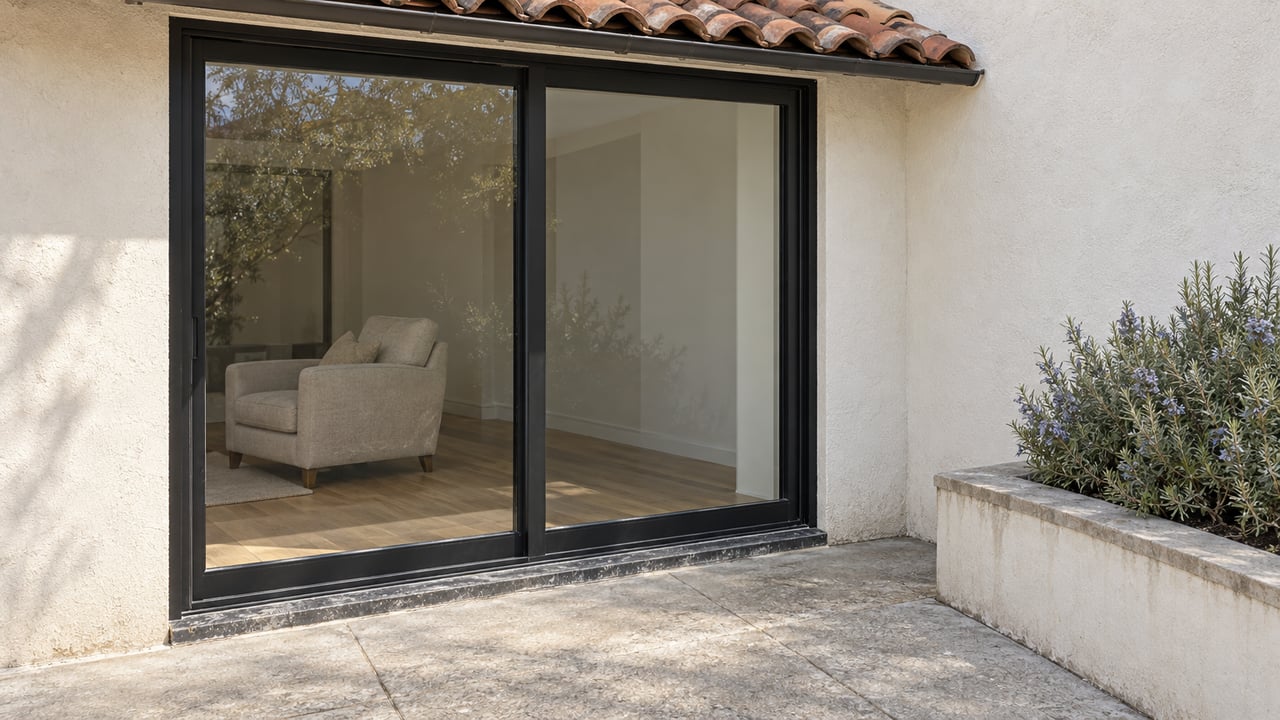 A sunlit stucco terrace with a closed black-framed sliding door, pale oak living-room floor, linen armchair, and rosemary in a raised masonry planter.