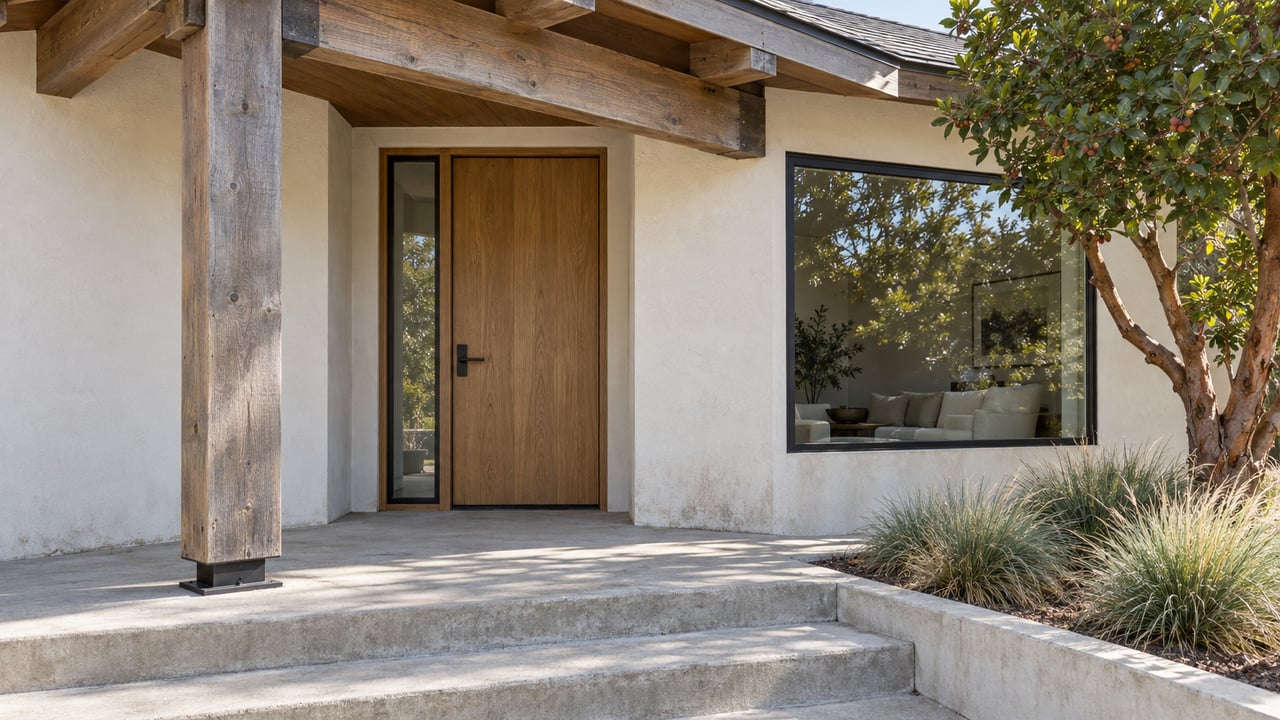 Close view of a gabled home's timber entry post, oak front door and black-framed window above worn concrete steps.