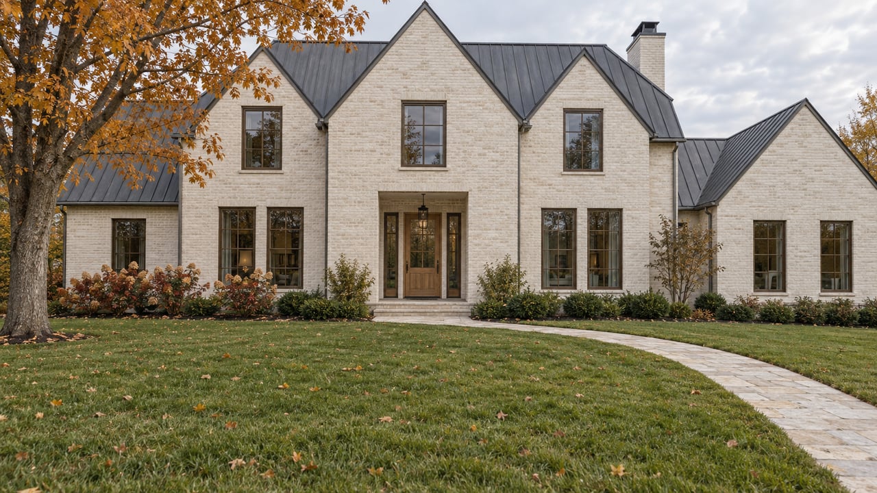 Ivory brick home with charcoal gabled roofs, bronze windows and an oak entry beyond a deep autumn lawn and curved limestone walk.