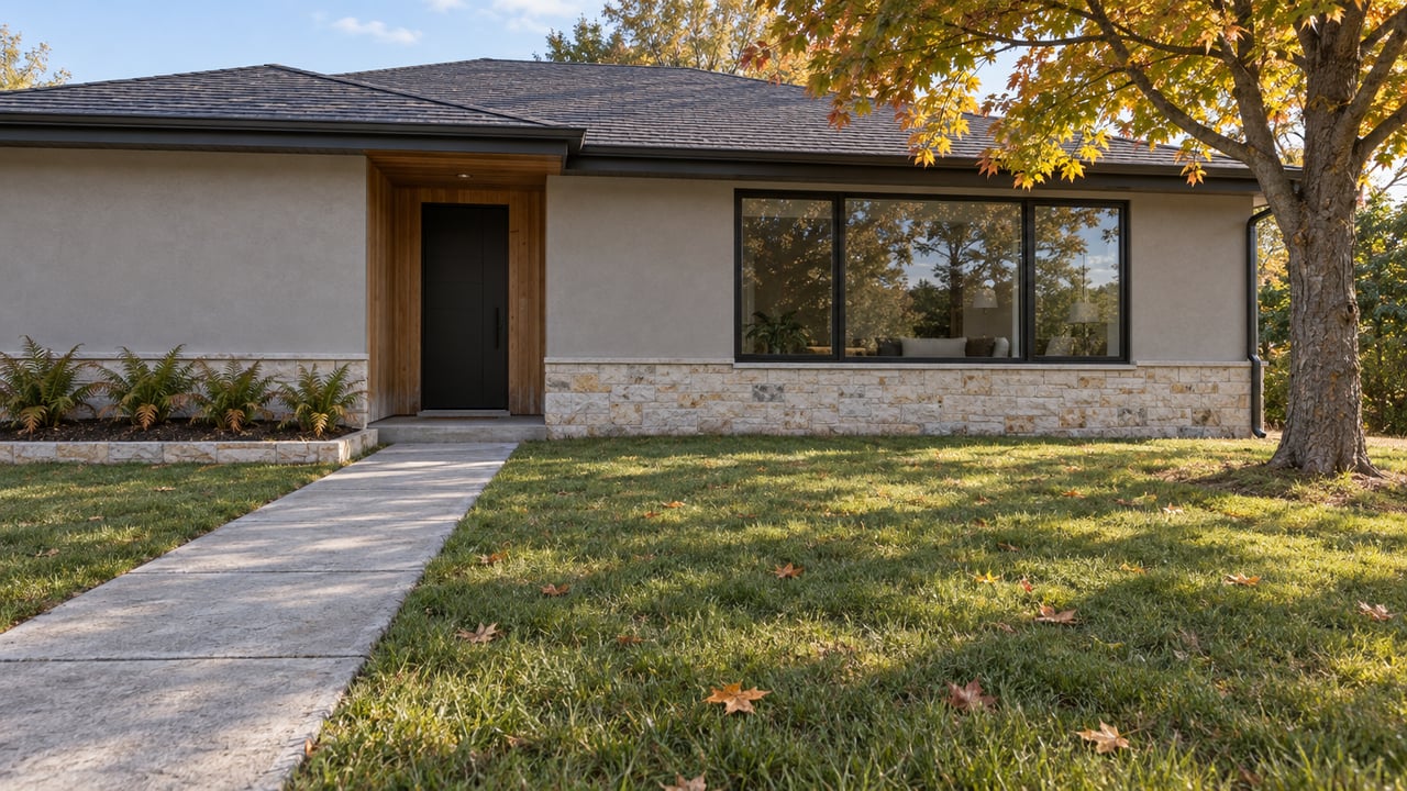 Autumn light on a single-story home with gray stucco, cedar entry cladding, black-framed windows and a deep lawn beneath a gold-leaved sugar maple.