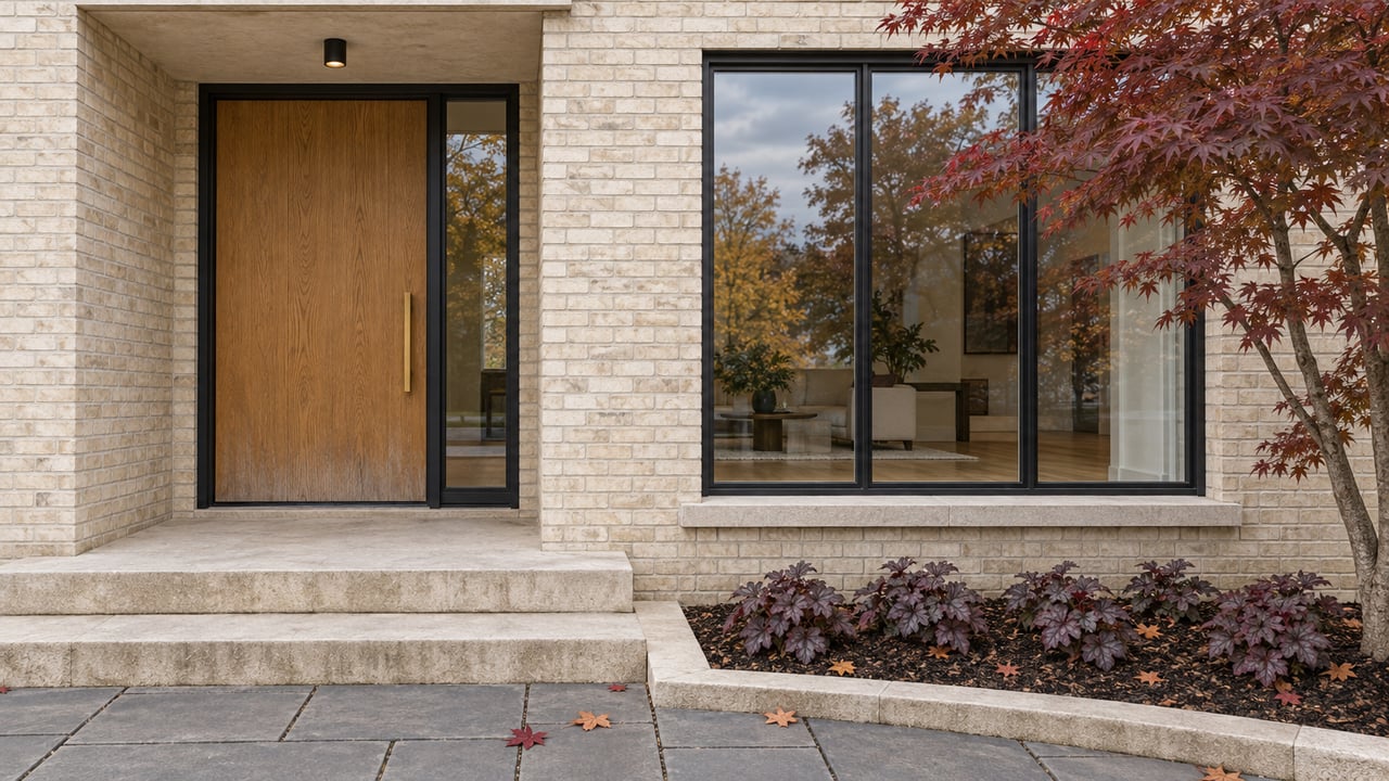 Pale brick home entrance with an oak door, black-framed window, limestone steps and a burgundy Japanese maple.