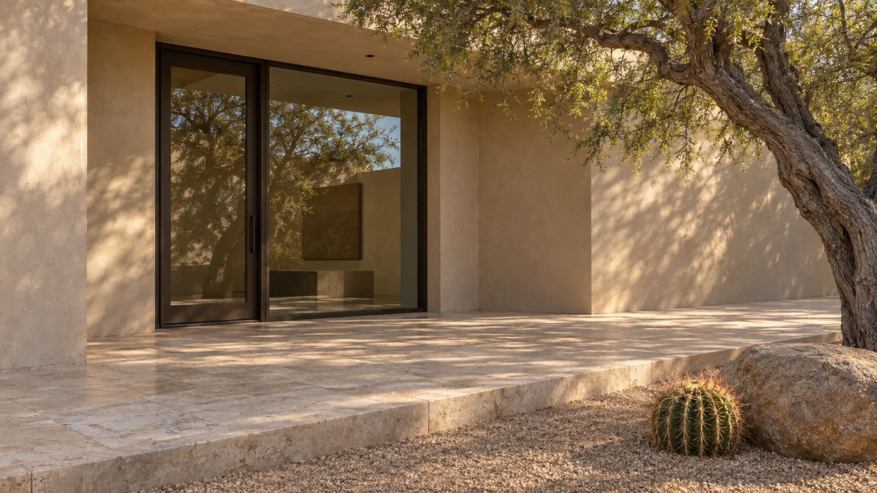 Stucco house entry with bronze-framed glass doors, limestone paving, a weathered boulder, and an ironwood tree.