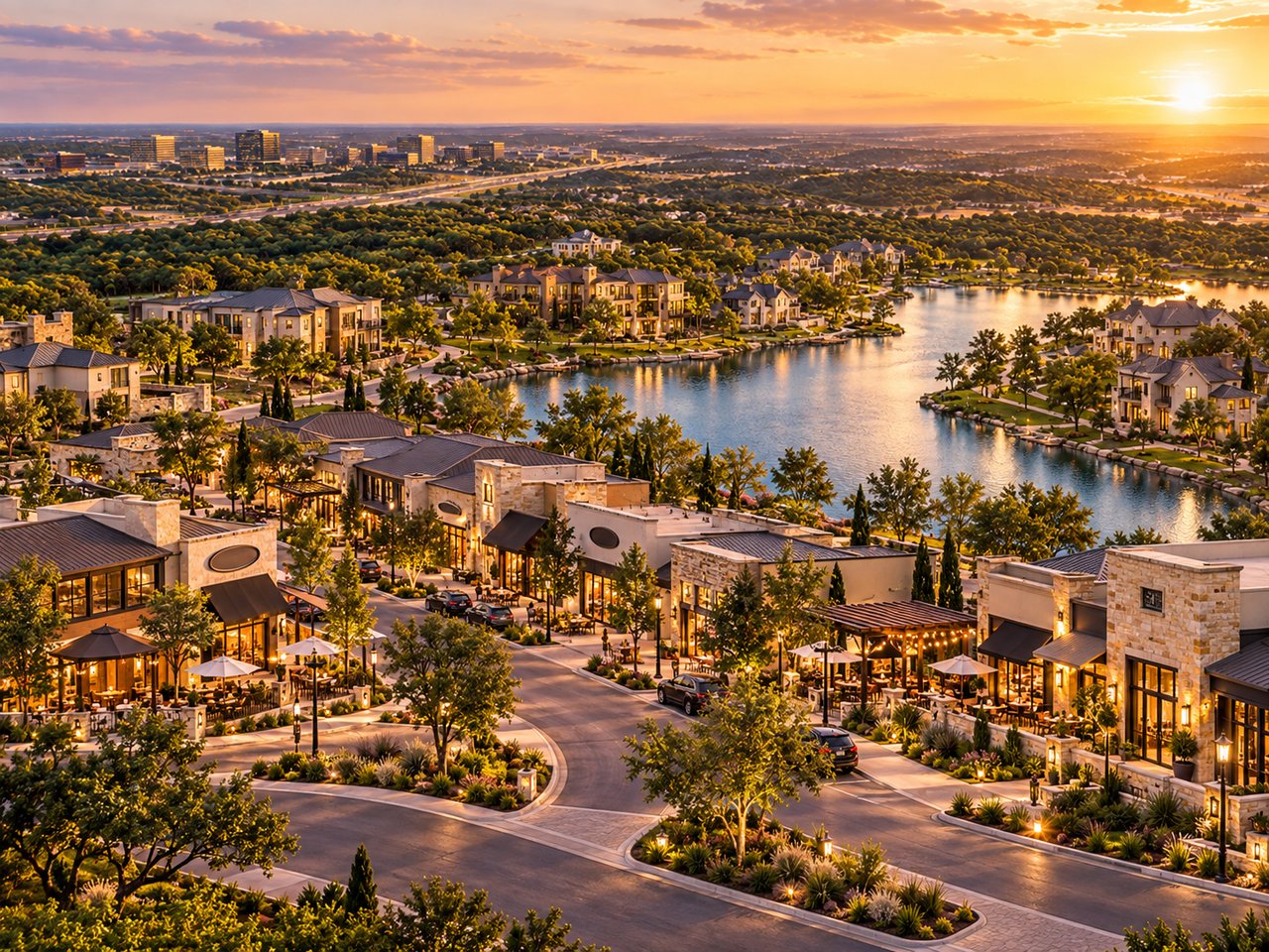 Aerial view of a lakeside neighborhood at sunset, with homes along the water and a distant city skyline.