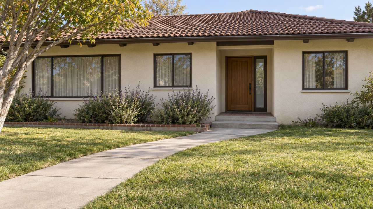 An updated single-story ivory stucco home with a clay-tile roof, broad lawn, concrete front walk, and a mature flowering tree.