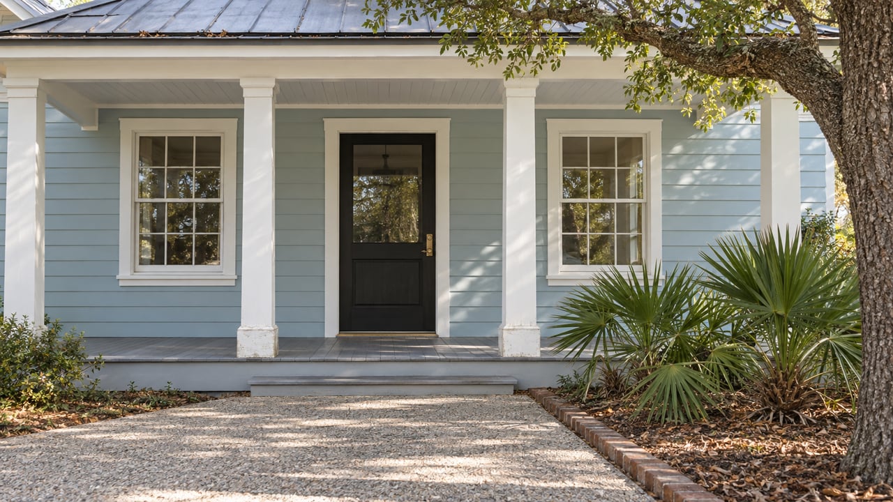 Pale blue clapboard cottage with a shaded white-columned porch, dark glazed door, shell-aggregate walkway, and mature live oak.