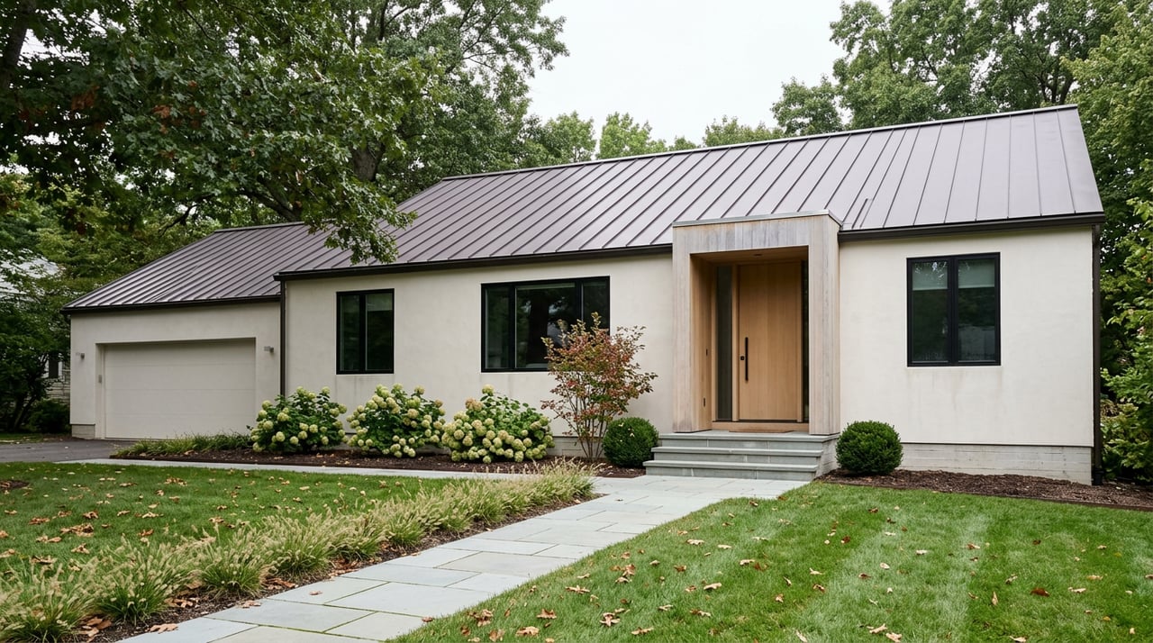 Light-stucco home with a dark metal roof, oak canopy, and curving bluestone walk across the lawn.