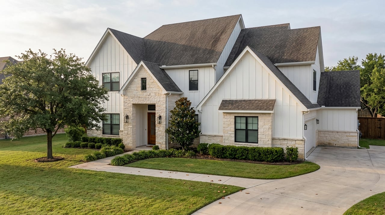 Detached white-and-limestone home with steep gables, black-framed windows, recessed stone entry, lawn, and curved driveway.