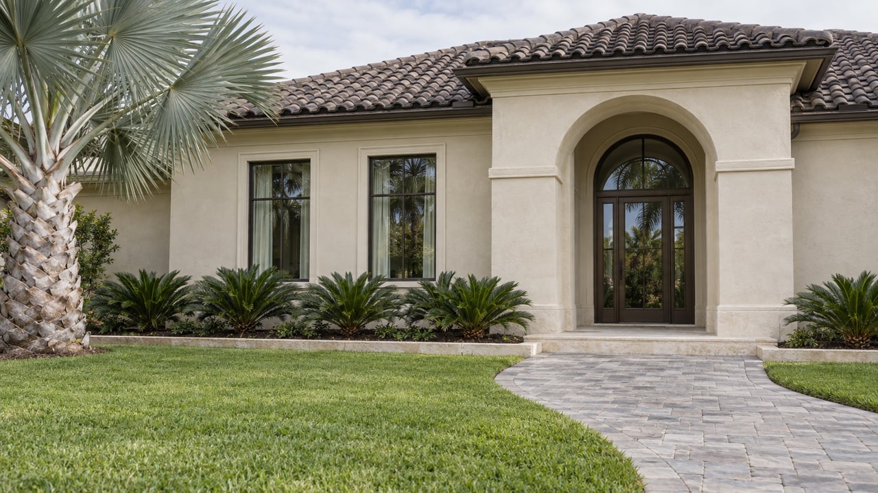 Ivory stucco home with a dark barrel-tile roof, bronze-framed windows, arched entry and gray paver approach beside a silver fan palm.