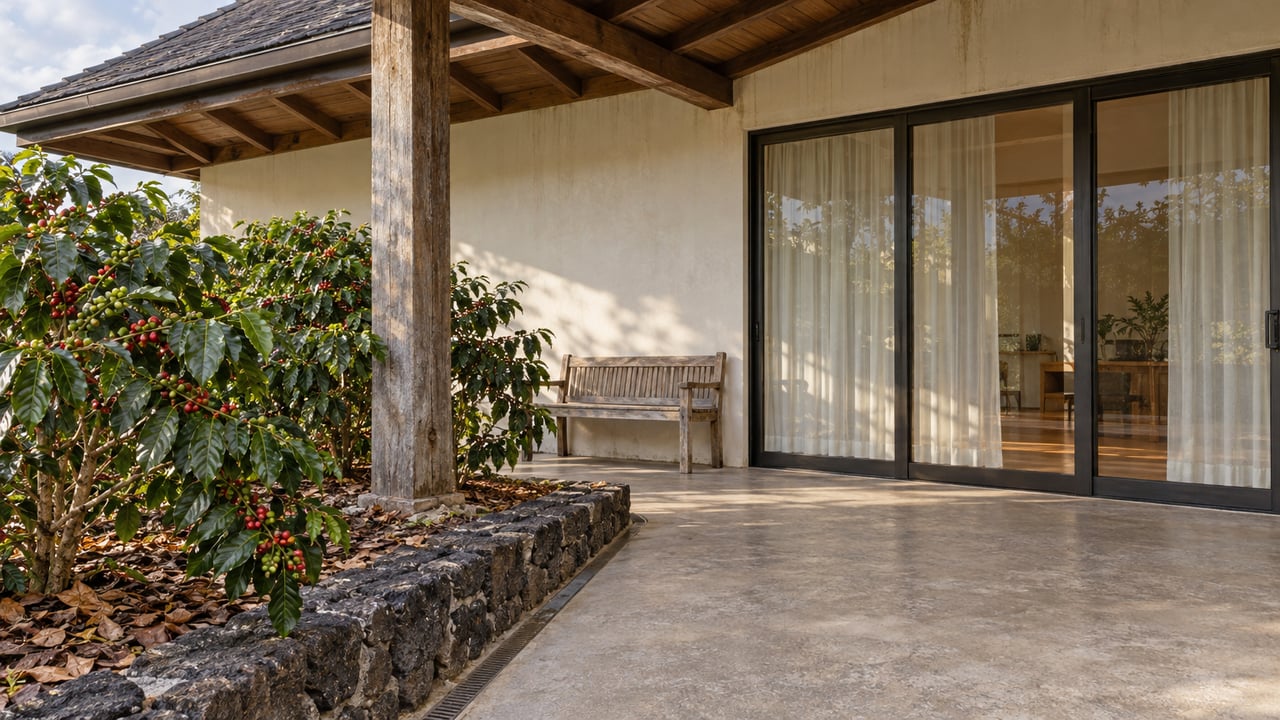 Timber-roofed veranda with closed glass doors, weathered concrete flooring and coffee shrubs beyond a lava-stone terrace curb.
