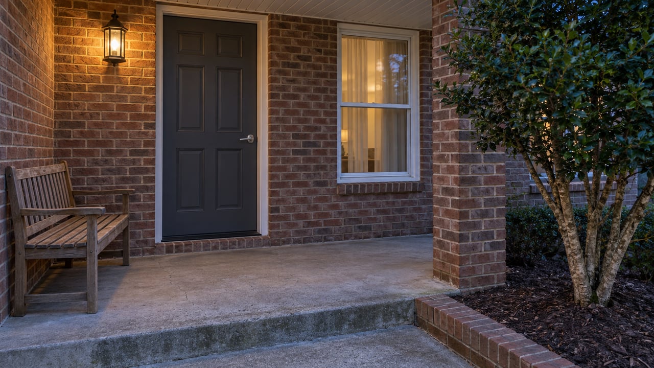 Brick home entry at blue hour with a charcoal door, warm porch lantern, cedar bench, and a small yaupon holly beside the concrete step.
