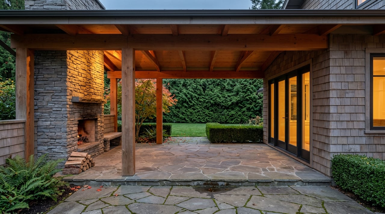 Covered timber patio with a glowing stone fireplace, glass doors, flagstone paving, and a clipped hedge at dusk.