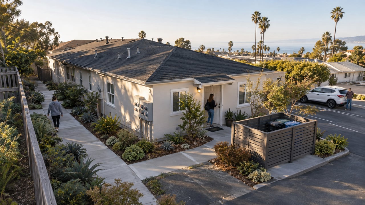 Clearly separated tenant, parking, utility, and service routes make a Central Coast rental property's day-to-day operation easier to understand.