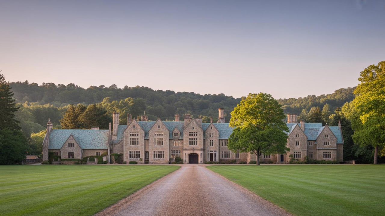Long stone manor house at the end of a straight gravel drive, with a tree-lined lawn and wooded hills.