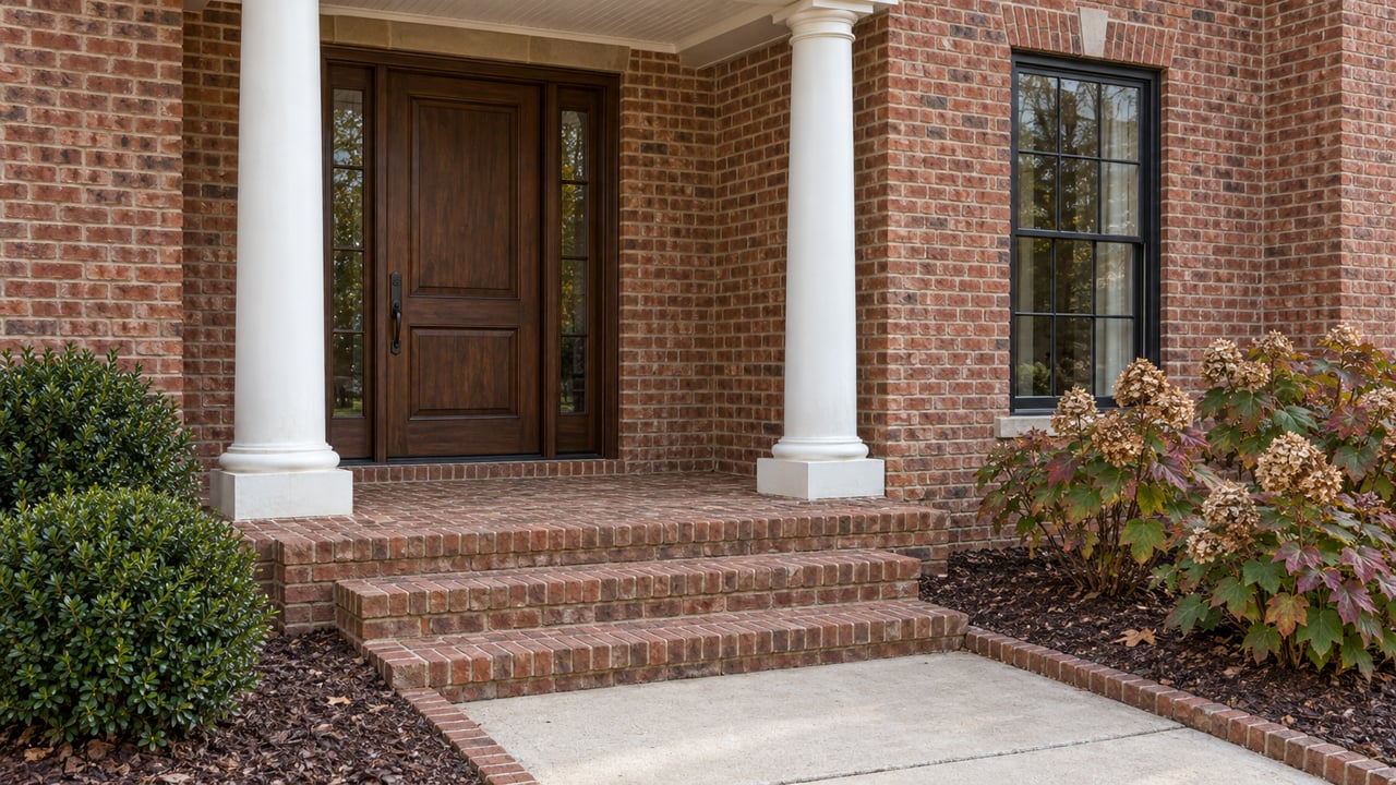Red brick home entry with paired white columns, a walnut door, brick steps and autumn oakleaf hydrangeas.