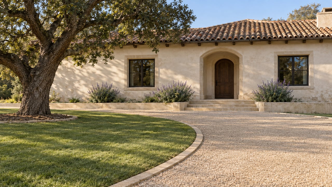 A deep gravel approach and lawn lead toward an ivory plaster estate with a clay tile roof, oak entry door and mature spreading oak.