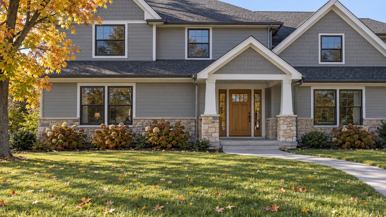 Gray gabled home with limestone porch piers and black-framed windows beyond a deep autumn lawn and yellow-orange maple.