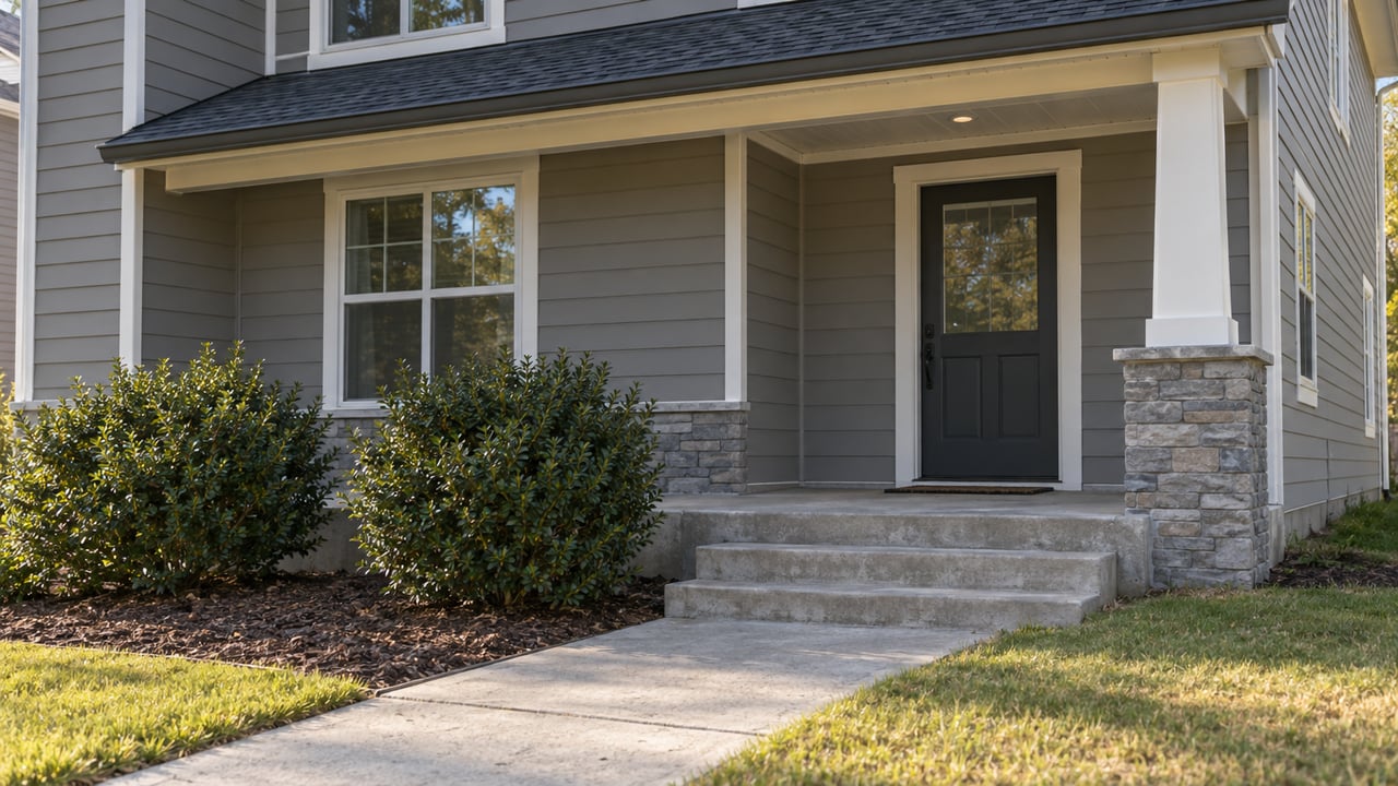 Suburban house entry with gray siding, stone-based porch post, shallow steps, shrubs, and a diagonal concrete walk.