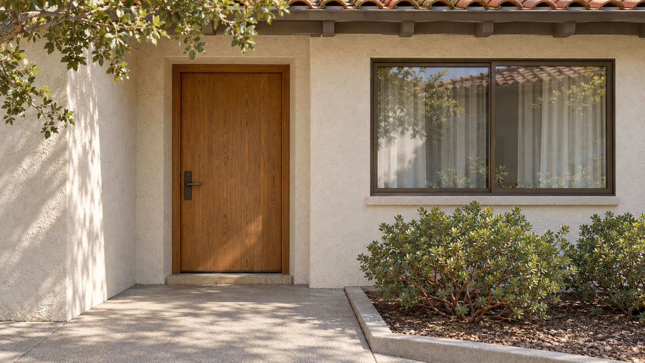 Sunlit stucco home entry with an oak door, bronze-framed window, terra-cotta roof tiles, and manzanita beside a concrete approach.