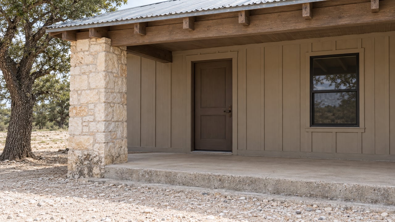 Covered ranch-home entry with weathered limestone pier, tan siding, galvanized roof and a concrete step above a caliche approach.