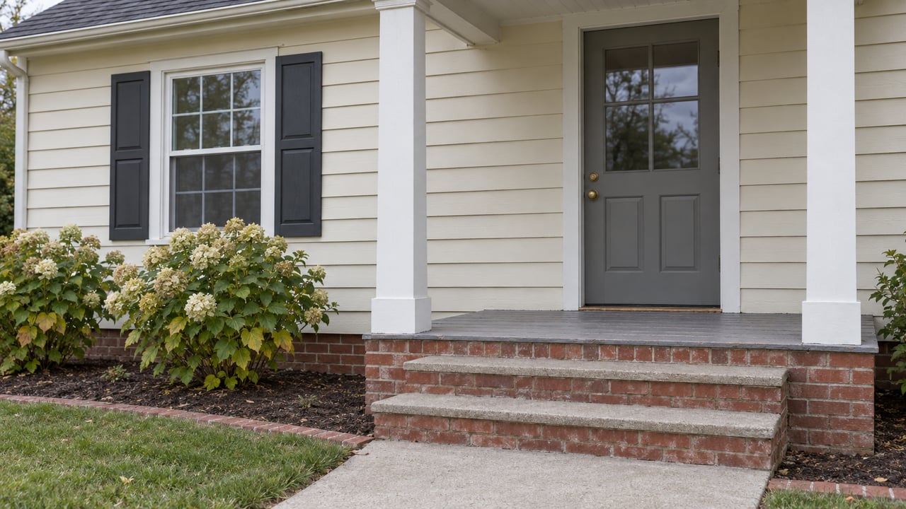 Covered entry of a cream clapboard home with a gray door, paired dark shutters, brick steps and flowering hydrangeas.