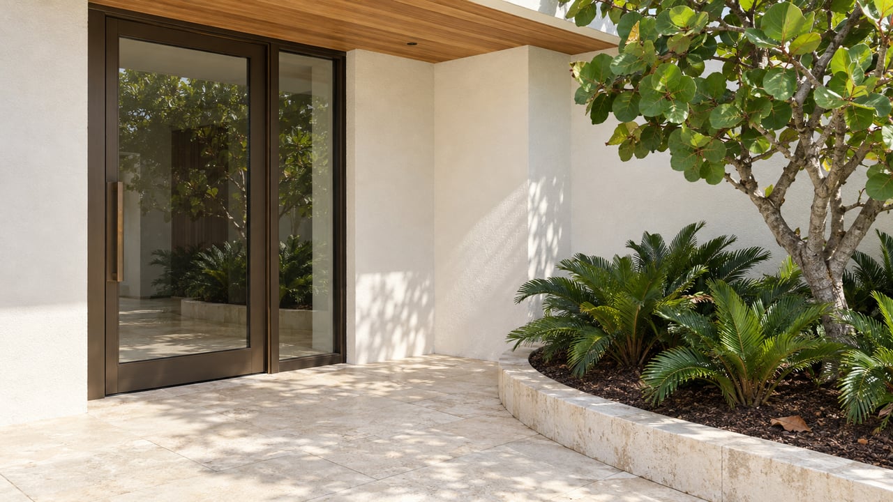 Sunlit limestone entry terrace with a glazed bronze-framed door, wood soffit, and sculptural sea grape beside a raised planting bed.
