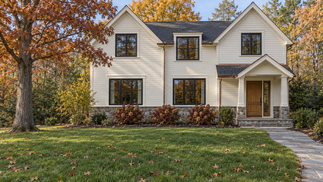 Light clapboard home with dark pitched roofs, black-framed windows and a stone approach across a deep lawn beneath russet and gold trees.