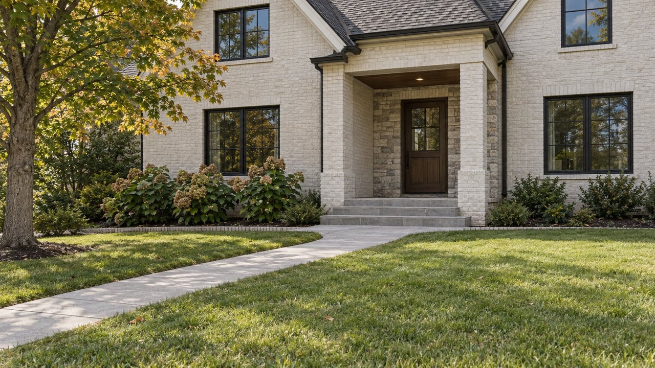 Painted brick home with black-framed windows, limestone porch steps and a deep autumn lawn beside a mature maple.