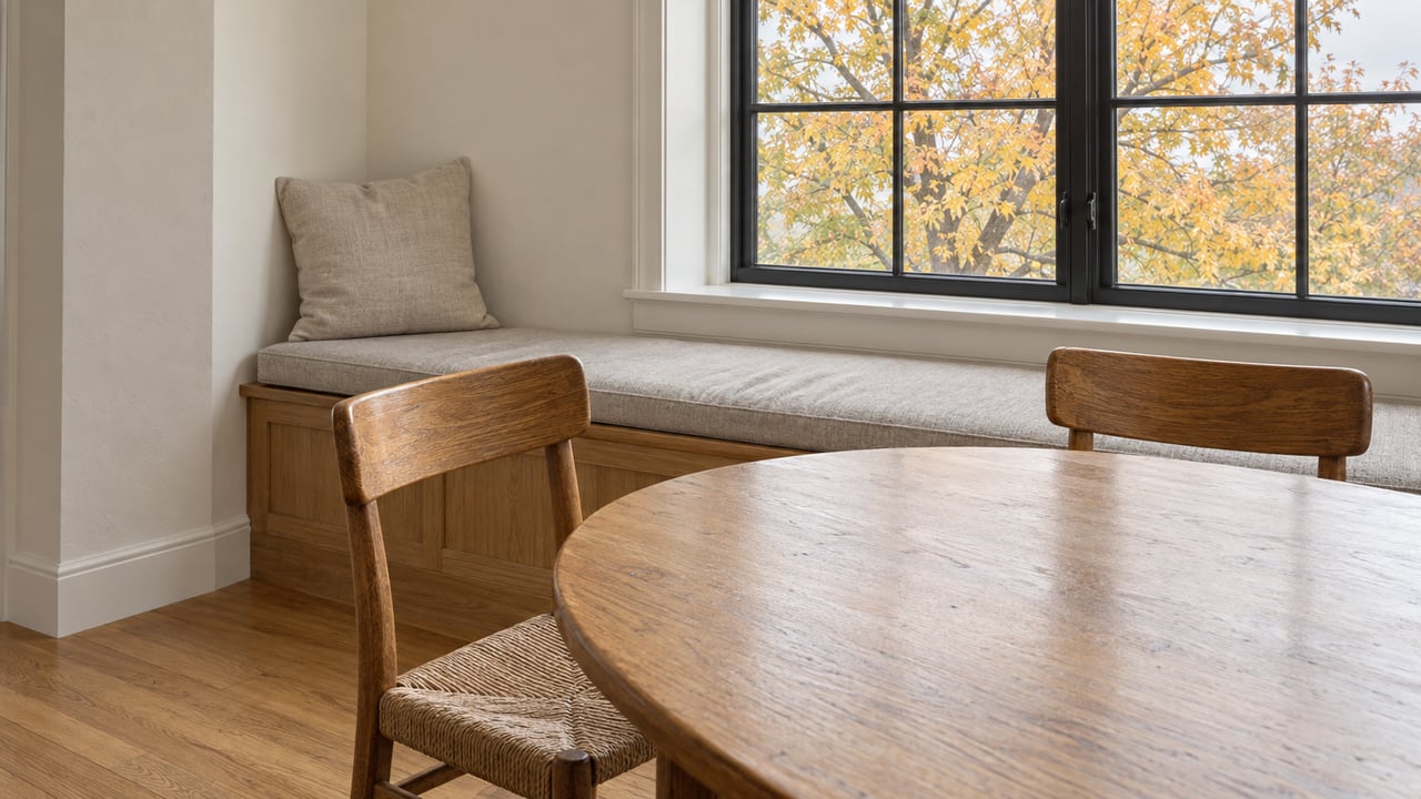 Oak breakfast table and two woven-seat chairs in a bright residential alcove, with autumn maple foliage outside a black-framed window.