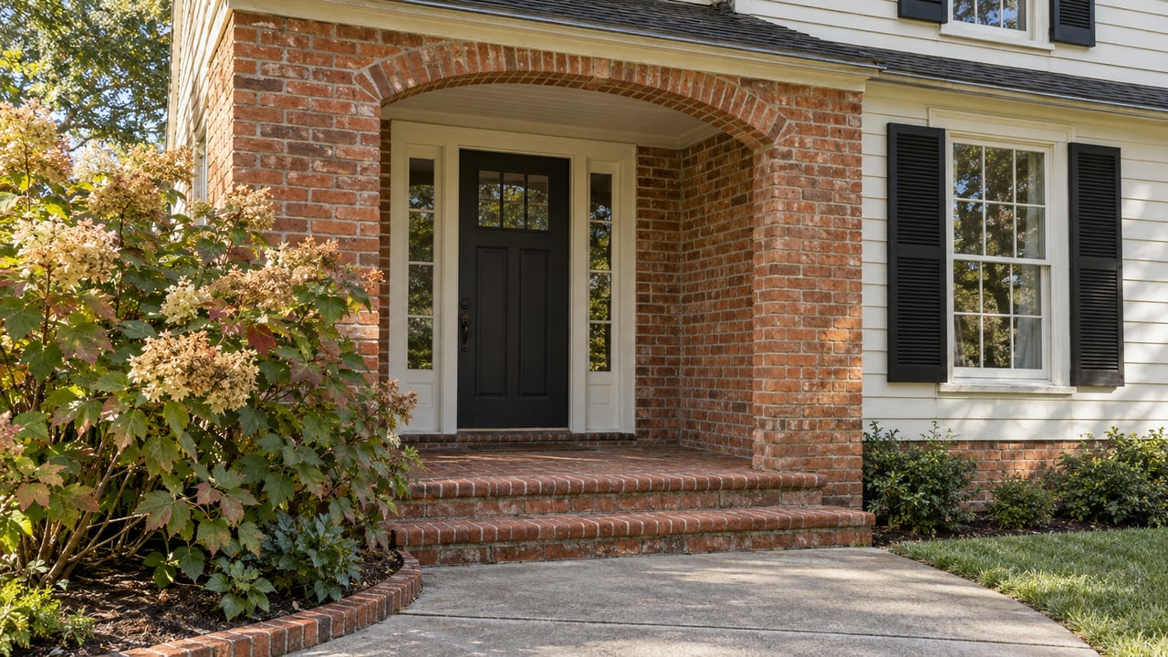 Orange-red brick entrance with an arched porch, dark door, paired sidelights and oakleaf hydrangea beside a worn concrete walk.