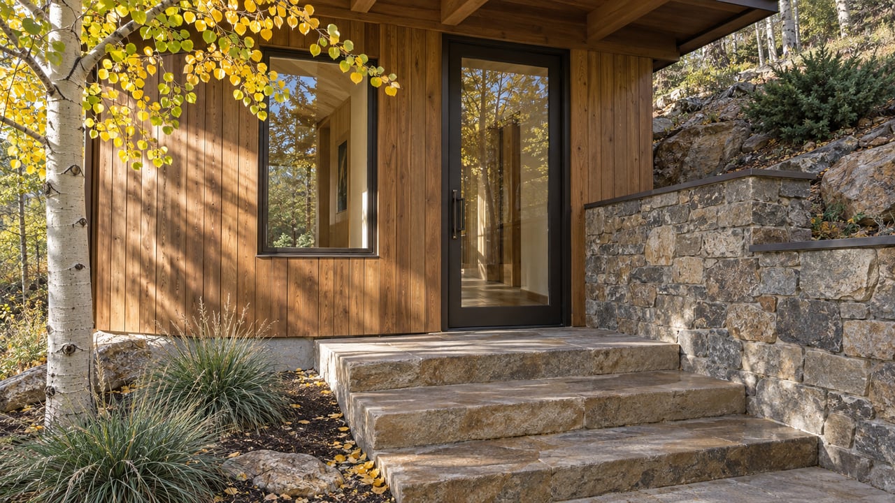 Cedar-clad foothill entry with a glass door, stone steps, and yellow-green aspen leaves overhead.