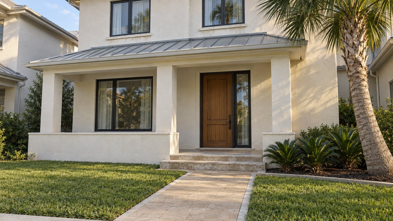 Ivory stucco home with a metal roof, shaded raised porch, paver approach and a curved palm beside the lawn.
