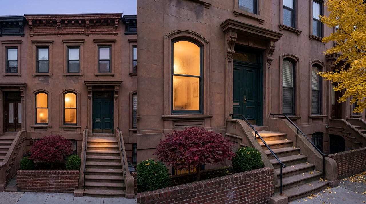 Brownstone rowhouse stoop with a glowing arched window, burgundy Japanese maple, and gold ginkgo leaves at dusk.