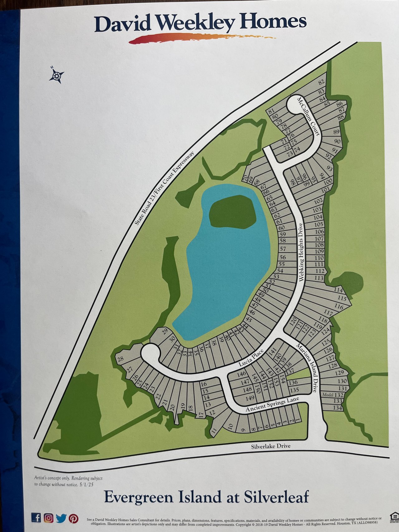 Evergreen Island at Silverleaf subdivision map showing numbered lots around a central lake and neighborhood streets.